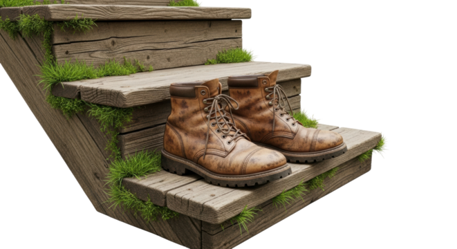 A pair of old, worn brown leather work boots rest on weathered wooden steps with vibrant green grass growing through the cracks, evoking a rustic outdoor feeling