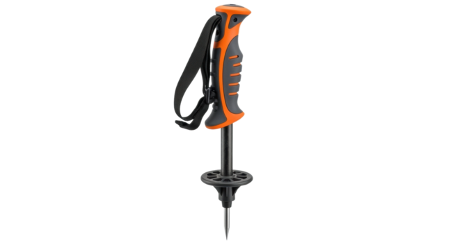 A professional studio shot of a modern trekking pole with an orange ergonomic handle, wrist strap, snow basket, and a sharp metal tip for hiking and mountaineering
