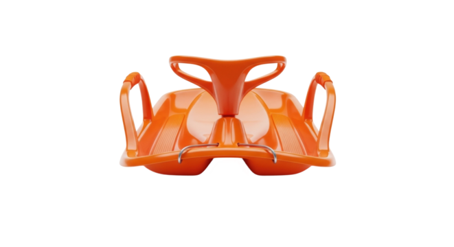 A bright orange plastic snow bobsled with a steering wheel and two handbrakes, designed for winter fun and outdoor recreation, shown from a direct front view