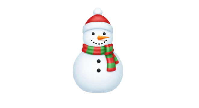 A festive digital illustration of a classic snowman character with a carrot nose, coal smile, and buttons, wearing a cozy striped scarf and a red winter hat with a pompom