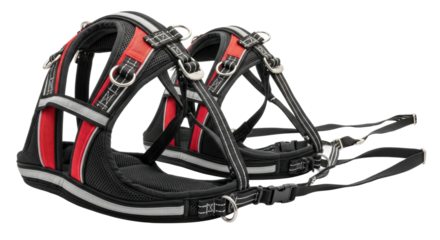 Two professional black and red dog harnesses featuring breathable mesh padding, adjustable straps with plastic buckles, and reflective safety strips for visibility