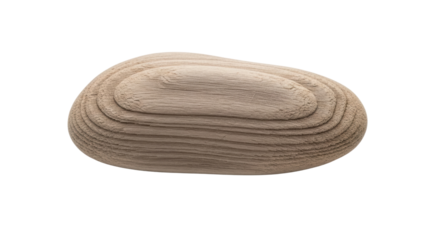 A smooth, organic pebble-shaped object carved from light-colored wood with visible grain and layered contours, showcasing natural texture and minimalist design