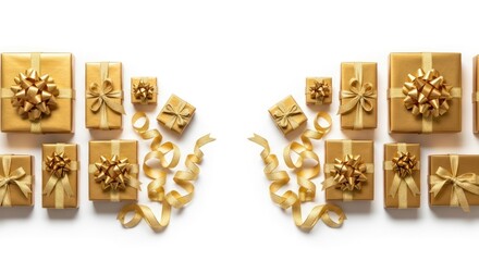 Elegant gold gift boxes with ribbons on white background.