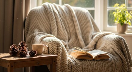 Cozy armchair with blanket, book, and warm drink by the window.