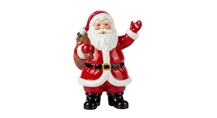 Obraz premium A cheerful ceramic Santa Claus figurine in a classic red suit with a white beard, smiling and waving hello while holding a large brown sack of gifts for the Christmas holiday