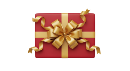 An elegant square red present wrapped in festive paper and tied with a luxurious golden satin ribbon with a large, elaborate bow, viewed directly from above