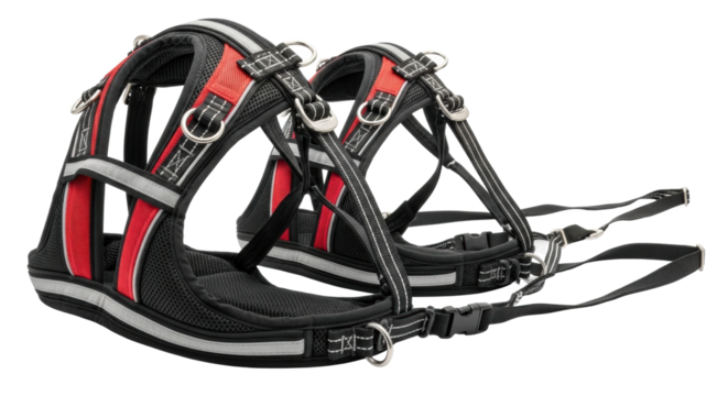 Two professional black and red dog harnesses featuring breathable mesh padding, adjustable straps with plastic buckles, and reflective safety strips for visibility