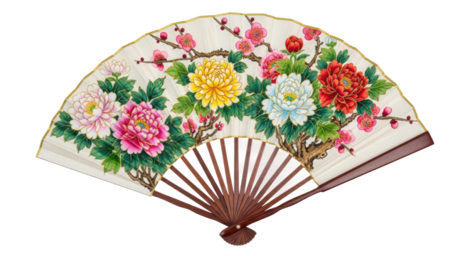 An elegant traditional hand fan with a colorful floral painting of peonies, chrysanthemums, and blossoms, featuring intricate details, a golden edge, and a classic wooden frame
