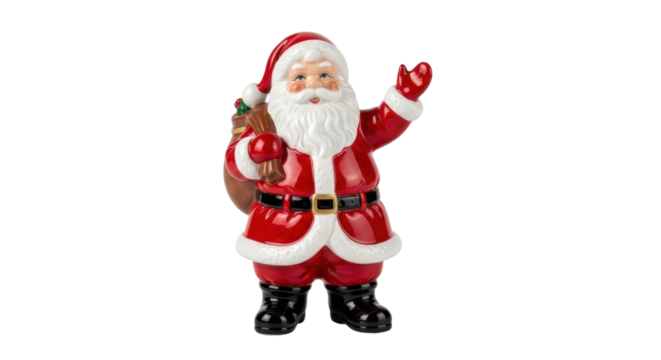 A cheerful ceramic Santa Claus figurine in a classic red suit with a white beard, smiling and waving hello while holding a large brown sack of gifts for the Christmas holiday
