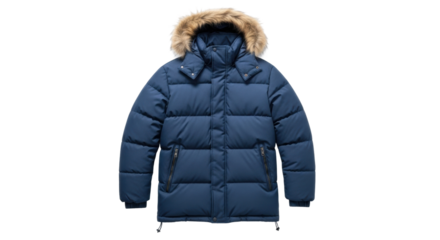 A warm blue winter puffer jacket with a cozy faux fur trimmed hood, featuring zippered pockets and a classic quilted design for cold weather protection and outdoor style