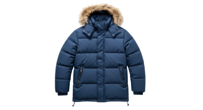 A warm blue winter puffer jacket with a cozy faux fur trimmed hood, featuring zippered pockets and a classic quilted design for cold weather protection and outdoor style