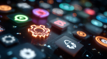  Multi-app futuristic holographic icons grouped dashboard visualization.
