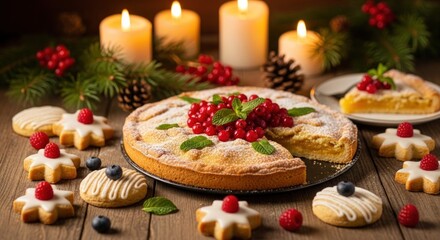 Festive holiday treats are arranged on a wooden table with candles.