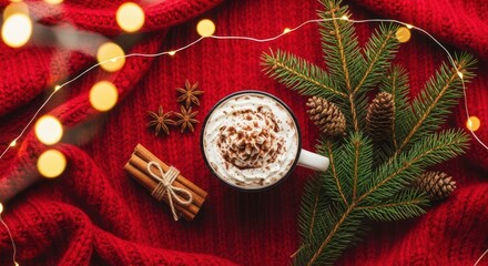 A mug of festive drink sits on a cozy sweater for the winter holidays.
