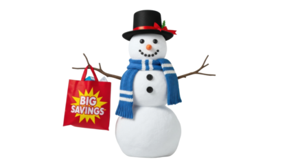 A smiling snowman figure dressed in a winter scarf and top hat holds a bright red shopping bag promoting big savings during a seasonal holiday sale