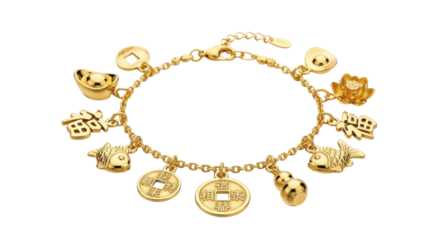 An elegant gold charm bracelet adorned with intricate traditional pendants representing good fortune, including fish, ancient coins, a lotus flower, and symbolic characters