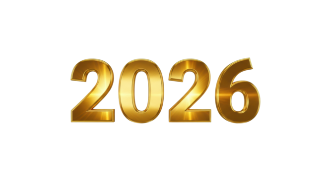 Shiny golden 2026 numbers with a bold three-dimensional effect and a polished metallic finish, representing a concept of celebration, success, and the upcoming new year