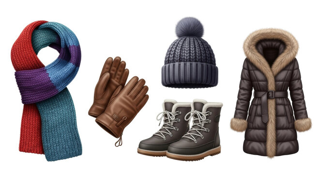 A stylish set of essential winter apparel featuring a cozy puffer jacket with a fur hood, a colorful striped scarf, a pompom hat, leather gloves, and snow boots - Powered by Adobe