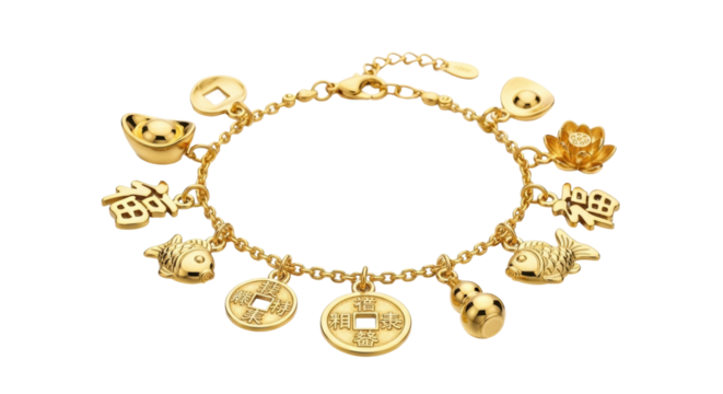 An elegant gold charm bracelet adorned with intricate traditional pendants representing good fortune, including fish, ancient coins, a lotus flower, and symbolic characters