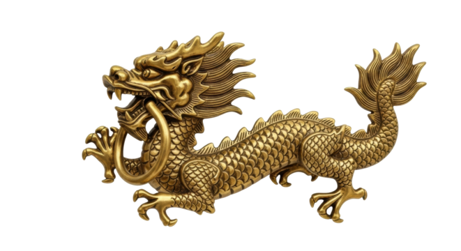 An ornate brass door knocker shaped like a mythical eastern dragon with detailed scales, sharp claws, and a powerful serpentine body holding a large ring in its mouth