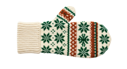 A single handmade woolen mitten featuring a traditional Scandinavian-style snowflake ornament in green and brown, representing a cozy and festive winter season