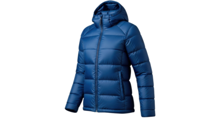 A warm and stylish blue hooded puffer jacket with horizontal quilting and a full front zipper, presented in a three-quarter view to show its shape and details