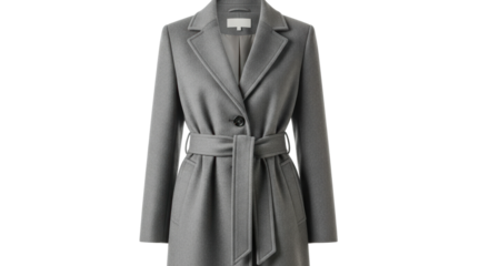 A classic women's overcoat in a sophisticated grey color, featuring a single button closure, notched lapels, and a matching fabric belt for a timeless and elegant look