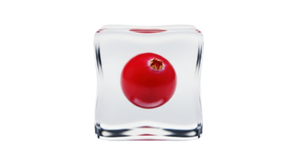 A single vibrant red cranberry is perfectly suspended and frozen inside a clear, transparent ice cube, creating a minimalist and conceptual visual of cold preservation and freshness