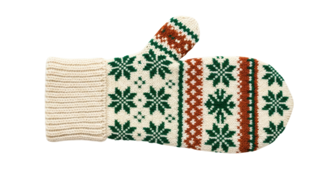 A single handmade woolen mitten featuring a traditional Scandinavian-style snowflake ornament in green and brown, representing a cozy and festive winter season