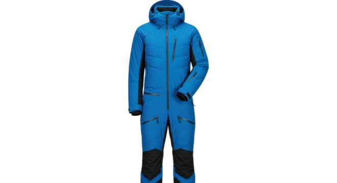 A modern blue and black insulated one-piece snowsuit designed for winter sports, featuring a protective hood, multiple zippered pockets, and durable reinforced panels