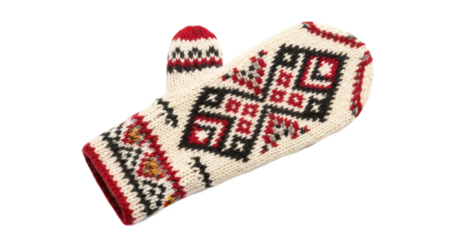 A single traditional hand-knitted mitten made of warm wool, featuring an intricate ethnic geometric ornament in red, black, and white colors for cold weather