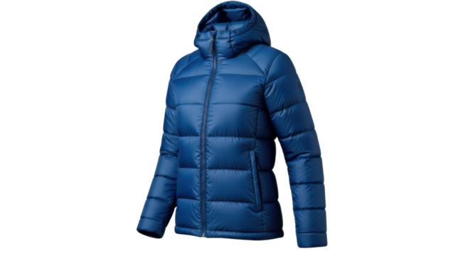 A warm and stylish blue hooded puffer jacket with horizontal quilting and a full front zipper, presented in a three-quarter view to show its shape and details