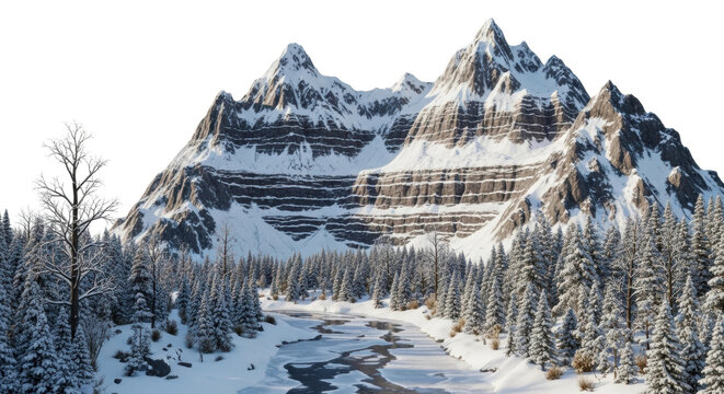 A majestic snow-covered mountain range towers over a serene winter forest landscape with a partially frozen river winding through snow-dusted evergreen trees