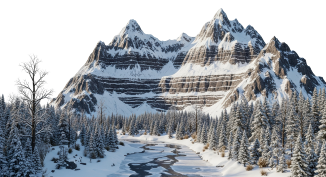 A majestic snow-covered mountain range towers over a serene winter forest landscape with a partially frozen river winding through snow-dusted evergreen trees