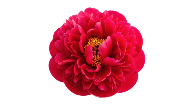 A gorgeous, fully bloomed red peony flower covered in fresh morning dew, showcasing its intricate layers of soft petals and bright yellow stamens in a detailed top-down view