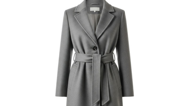 A classic women's overcoat in a sophisticated grey color, featuring a single button closure, notched lapels, and a matching fabric belt for a timeless and elegant look