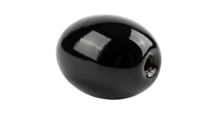 Detailed macro photograph of one whole pitted black olive, highlighting its smooth, lustrous skin and the dramatic, glossy reflections from the studio lighting