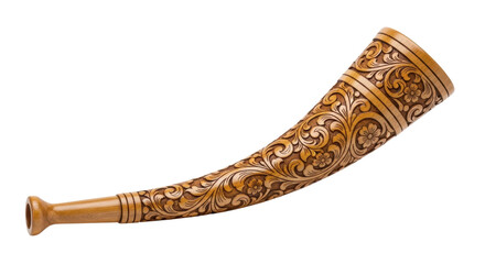 A beautifully hand-carved wooden horn with intricate floral and scrollwork patterns, showcasing traditional craftsmanship and elegant folk art design in a detailed studio shot