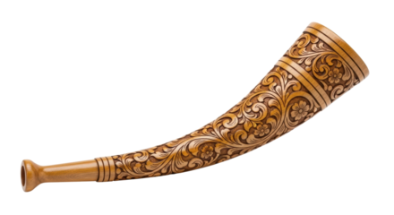 A beautifully hand-carved wooden horn with intricate floral and scrollwork patterns, showcasing traditional craftsmanship and elegant folk art design in a detailed studio shot