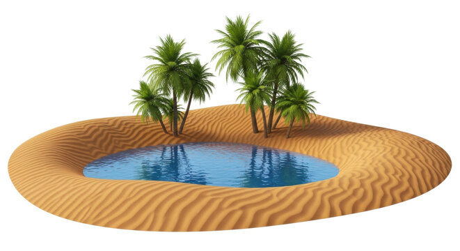 A serene desert oasis with lush green palm trees growing on rippled sand dunes around a tranquil blue pond, creating a peaceful and idyllic tropical paradise scene