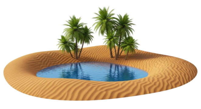 A serene desert oasis with lush green palm trees growing on rippled sand dunes around a tranquil blue pond, creating a peaceful and idyllic tropical paradise scene