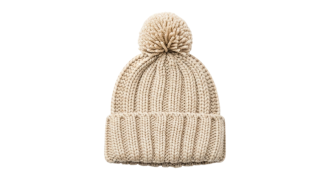 A cozy beige knitted winter beanie hat with a large fluffy pom-pom and a folded cuff, showcasing a chunky ribbed texture and warm, handmade style