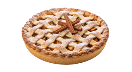 A freshly baked whole apple pie with a golden brown lattice crust, generously dusted with powdered sugar and garnished with aromatic cinnamon sticks for a classic dessert