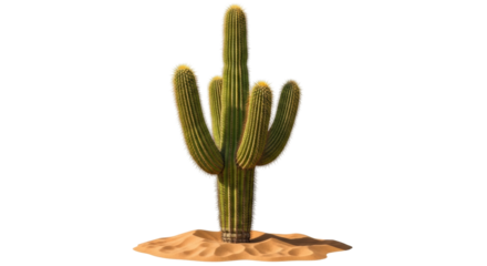 A realistic, full-length view of a large columnar cactus with several upright arms covered in fine spines, growing from a small mound of golden desert sand under bright light