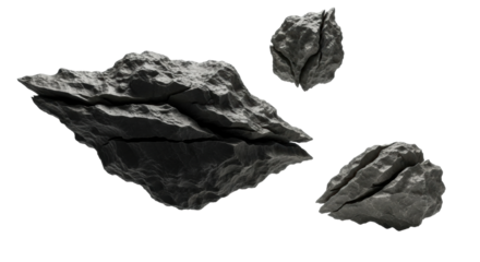 Three dark, cracked, and rugged stone fragments floating in a dynamic composition, showing detailed texture and sharp edges under dramatic, high-contrast lighting