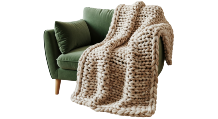 A cozy beige chunky knit merino wool blanket is casually draped over a modern green velvet armchair, creating a warm and inviting atmosphere for relaxation and comfort