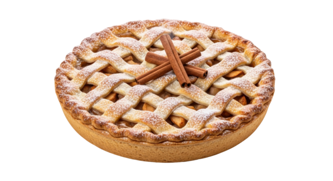 A freshly baked whole apple pie with a golden brown lattice crust, generously dusted with powdered sugar and garnished with aromatic cinnamon sticks for a classic dessert