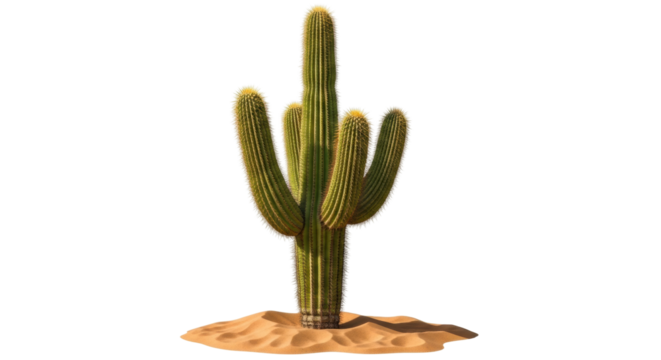 A realistic, full-length view of a large columnar cactus with several upright arms covered in fine spines, growing from a small mound of golden desert sand under bright light