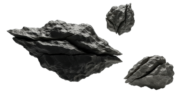 Three dark, cracked, and rugged stone fragments floating in a dynamic composition, showing detailed texture and sharp edges under dramatic, high-contrast lighting