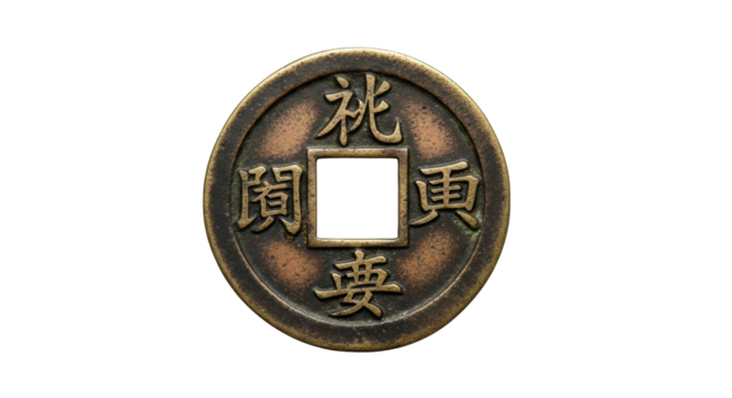 Detailed overhead view of a single antique bronze coin with traditional Asian characters and a central square hole, showcasing its aged, rustic, and textured surface